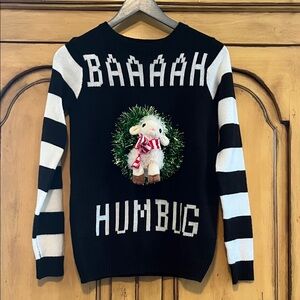 Xhilaration Black and White Baaaah Humbug Striped Sweater with Sheep Design